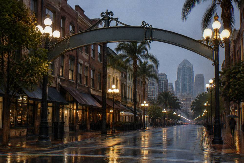 The Gaslamp Quarter sign arch spanning Fifth Avenue above the street