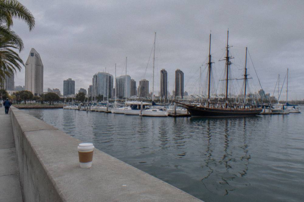 Sailboats and historic ships moored along the San Diego bay front