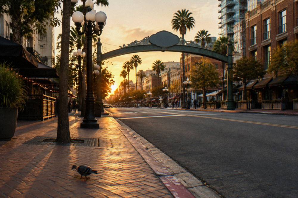The Gaslamp Quarter sign arch over Fifth Avenue in downtown San Diego