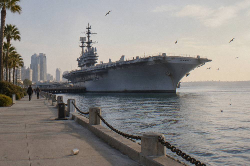 The USS Midway aircraft carrier moored along the San Diego harborfront