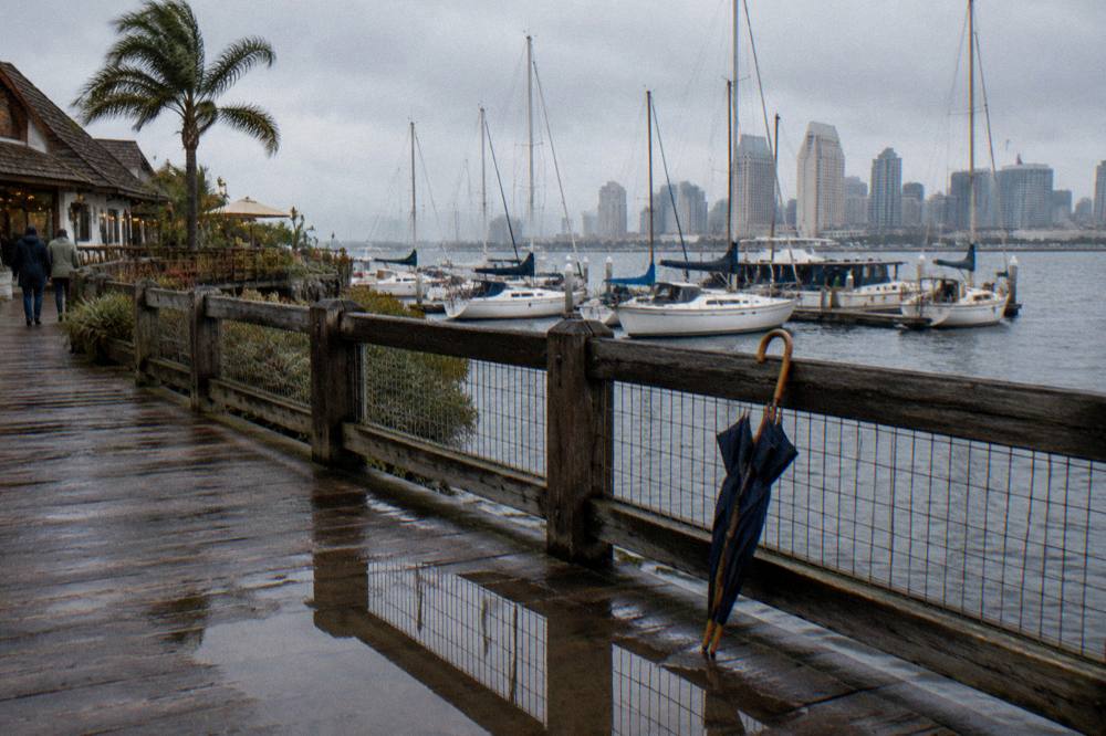 Sailboats and waterfront walkways at Seaport Village on San Diego Bay